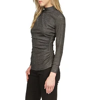 Michael Kors Metallic Lurex Side Ruched Mock Neck Long Sleeve Top