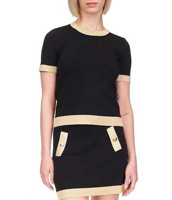 Michael Kors Metallic Trim Color-Block Crew Neck Short Sleeve Top