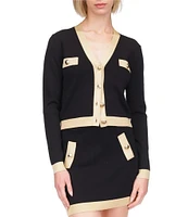 Michael Kors Metallic Trim V-Neck Long Sleeve Gold Button Cardigan