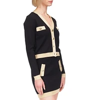 Michael Kors Metallic Trim V-Neck Long Sleeve Gold Button Cardigan