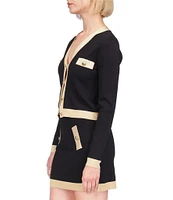 Michael Kors Metallic Trim V-Neck Long Sleeve Gold Button Cardigan