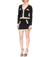 Michael Kors Metallic Trim V-Neck Long Sleeve Gold Button Cardigan