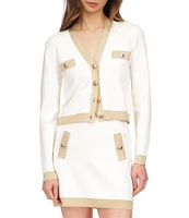 Michael Kors Metallic Trim V-Neck Long Sleeve Gold Button Cardigan