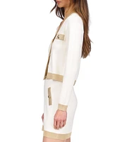 Michael Kors Metallic Trim V-Neck Long Sleeve Gold Button Cardigan