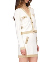 Michael Kors Metallic Trim V-Neck Long Sleeve Gold Button Cardigan