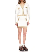 Michael Kors Metallic Trim V-Neck Long Sleeve Gold Button Cardigan