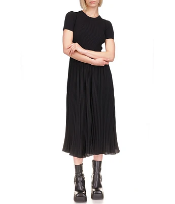 Michael Kors Mixed Media Crew Neck Short Sleeve Pleated Midi Dress