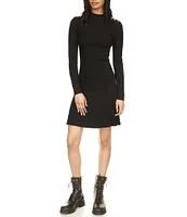 Michael Kors Mock Neck Shoulder Button Long Sleeve Flare Hem Dress