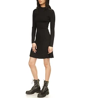 Michael Kors Mock Neck Shoulder Button Long Sleeve Flare Hem Dress