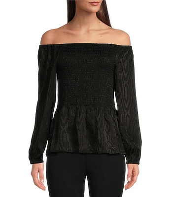 Michael Kors Moire Jacquard Off-The-Shoulder Long Sleeve Smocked Top