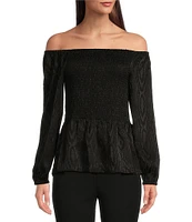 Michael Kors Moire Jacquard Off-The-Shoulder Long Sleeve Smocked Top