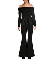 Michael Kors Moire Jacquard Off-The-Shoulder Long Sleeve Smocked Top