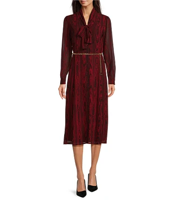 Michael Kors Moire Long Sleeve Chain Belted Midi Dress