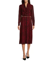 Michael Kors Moire Long Sleeve Chain Belted Midi Dress