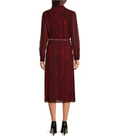 Michael Kors Moire Long Sleeve Chain Belted Midi Dress