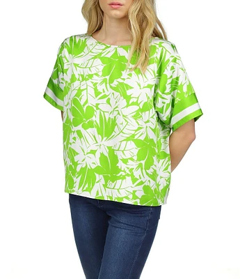 Michael Kors Palm Print Boat Neckline Short Sleeve Top