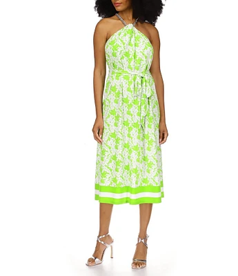 Michael Kors Palm Print Stretch Matte Jersey Chain Halter Neck Sleeveless Tie Waist A-Line Midi Dress