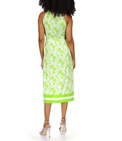 Michael Kors Palm Print Stretch Matte Jersey Chain Halter Neck Sleeveless Tie Waist A-Line Midi Dress