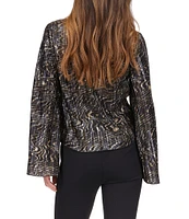 Michael Kors Pleated Foil Crew Neck Long Bell Sleeve Top