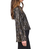 Michael Kors Pleated Foil Crew Neck Long Bell Sleeve Top