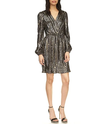 Michael Kors Pleated Foil Surplice V-Neck Long Sleeve Mini Dress