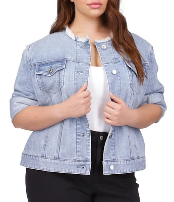 Michael Kors Plus Size Denim Frayed Crew Neck Long Sleeve Button Front Jacket