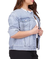 Michael Kors Plus Size Denim Frayed Crew Neck Long Sleeve Button Front Jacket