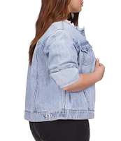 Michael Kors Plus Size Denim Frayed Crew Neck Long Sleeve Button Front Jacket