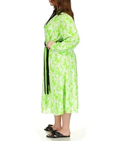 Michael Kors Plus Size Floral Printed Point Collar V-Neck Long Sleeve Maxi Shirt Dress