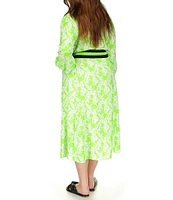 Michael Kors Plus Size Floral Printed Point Collar V-Neck Long Sleeve Maxi Shirt Dress