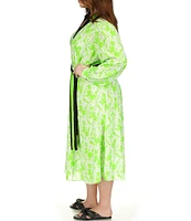 Michael Kors Plus Size Floral Printed Point Collar V-Neck Long Sleeve Maxi Shirt Dress