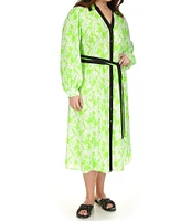 Michael Kors Plus Size Floral Printed Point Collar V-Neck Long Sleeve Maxi Shirt Dress