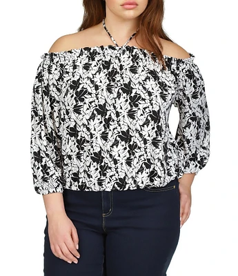 Michael Kors Plus Size Floral Printed Smocked Off-The-Shoulder Long Sleeve Blouson Blouse