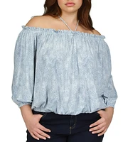 Michael Kors Plus Size Petal Print Halter Off-The-Shoulder Long Sleeve Blouson Top