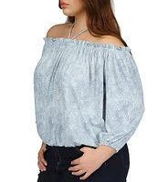 Michael Kors Plus Size Petal Print Halter Off-The-Shoulder Long Sleeve Blouson Top