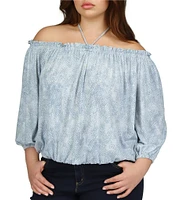 Michael Kors Plus Size Petal Print Halter Off-The-Shoulder Long Sleeve Blouson Top