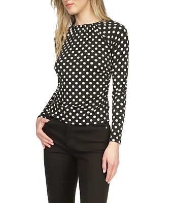 Michael Kors Polka Dot Matte Jersey Crew Neck Long Sleeve Shirred Top