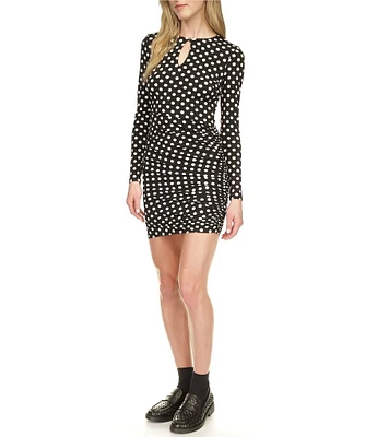 Michael Kors Polka Dot Matte Jersey Keyhole Crew Neck Long Sleeve Bodycon Mini Dress