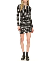 Michael Kors Polka Dot Matte Jersey Keyhole Crew Neck Long Sleeve Bodycon Mini Dress