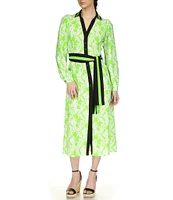 Michael Kors Printed Collared V Neckline Long Sleeve Midi Shirt Dress