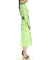 Michael Kors Printed Collared V Neckline Long Sleeve Midi Shirt Dress