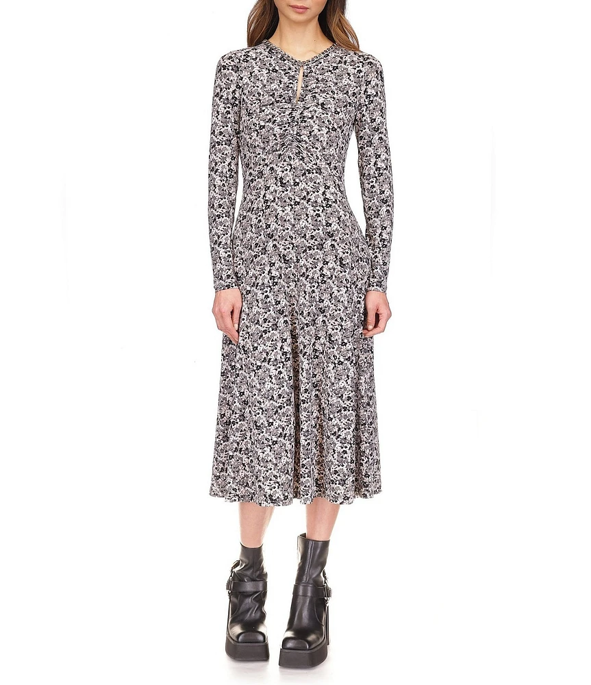 Michael Kors Printed Keyhole Chain Neckline Long Sleeve A-Line Midi Dress