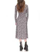 Michael Kors Printed Keyhole Chain Neckline Long Sleeve A-Line Midi Dress