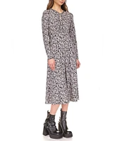 Michael Kors Printed Keyhole Chain Neckline Long Sleeve A-Line Midi Dress