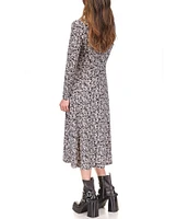 Michael Kors Printed Keyhole Chain Neckline Long Sleeve A-Line Midi Dress