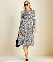 Michael Kors Printed Keyhole Chain Neckline Long Sleeve A-Line Midi Dress