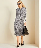 Michael Kors Printed Keyhole Chain Neckline Long Sleeve A-Line Midi Dress