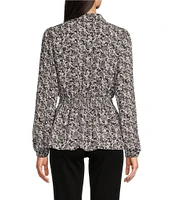 Michael Kors Printed Matte Satin Long Sleeve Collared Button Front Peplum Shirt