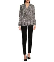 Michael Kors Printed Matte Satin Long Sleeve Collared Button Front Peplum Shirt