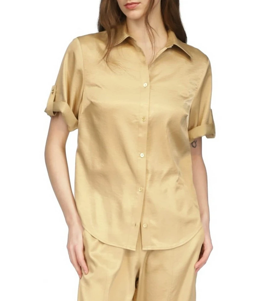 Michael Kors Satin Collared Neckline Short Sleeve Coordinating Button Front Shirt